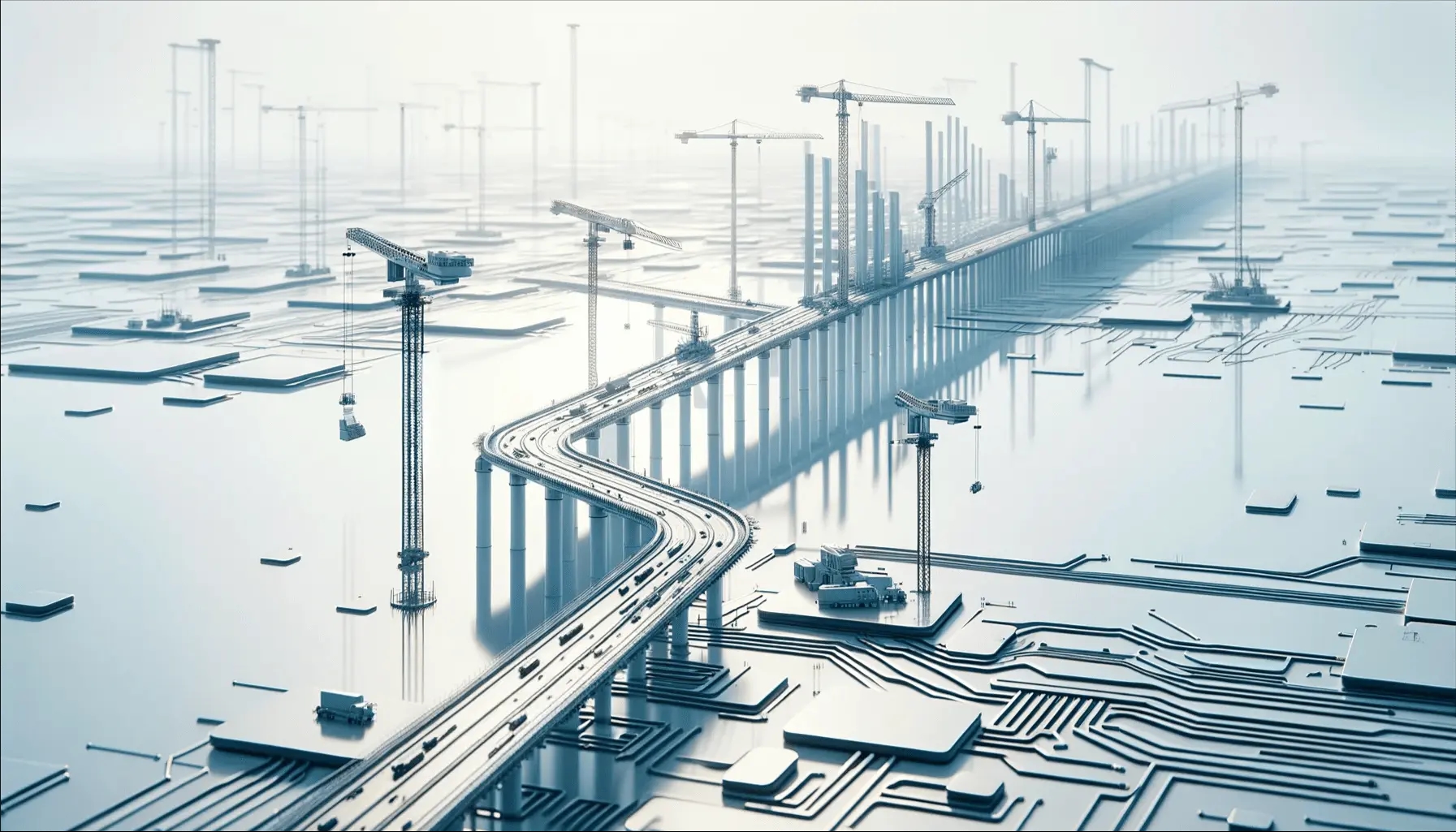 Digital illustration of a futuristic bridge construction with cranes and vehicles on a circuit board-like surface, symbolizing advanced infrastructure.